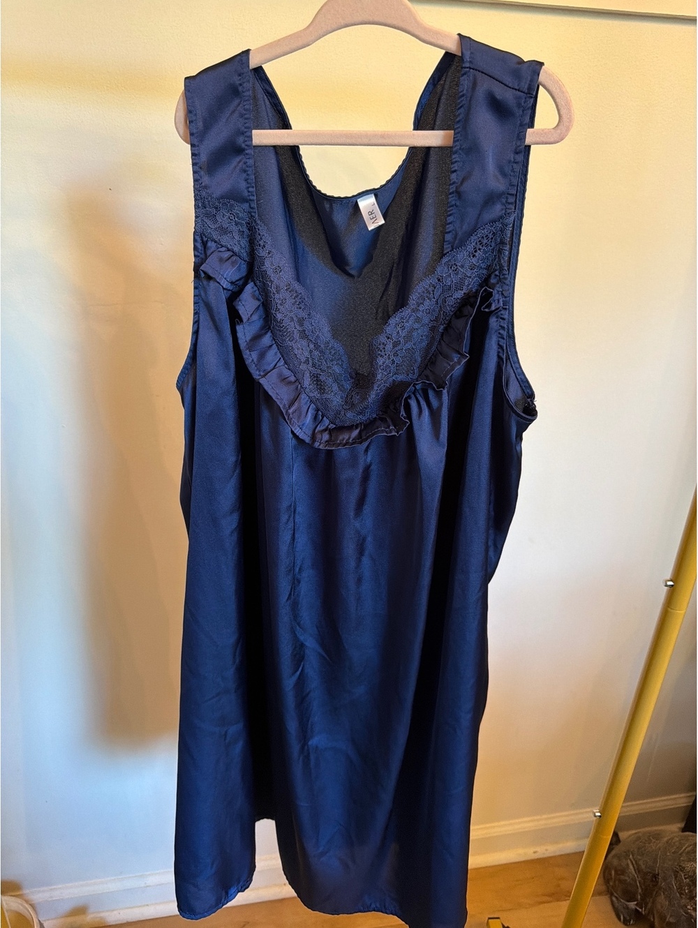 Ekouaer Navy Blue Satin Slip Dress with Lace Trim, Size Large